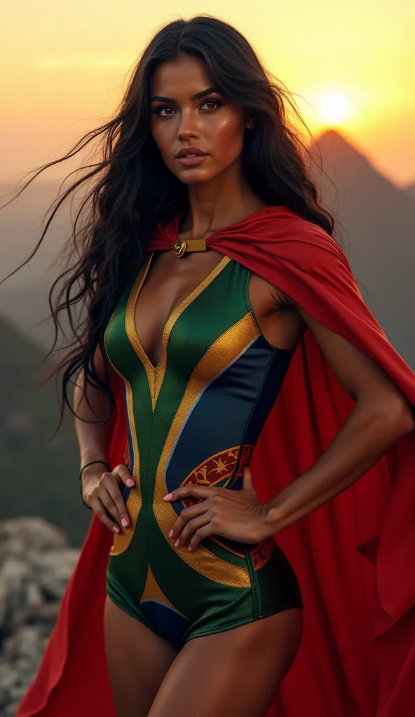 Hyperrealistic Portrait of a South African Superhero (Inspired by Supergirl):

A hyperrealistic portrait of a stunning, muscular female superhero representing South Africa, standing confidently in a powerful "akimbo pose" with hands on her hips. Her bodysu...