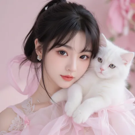 kpop girl, korean and Chinese, soft black hair, gorgeous, 18 years old, stunning, perfect visual, unique and porcelain like visual, visual like a doll, hair in a ponytail, realistic, plump lips, fits Korean beauty standards 100 percent, adorable, dreamy an...