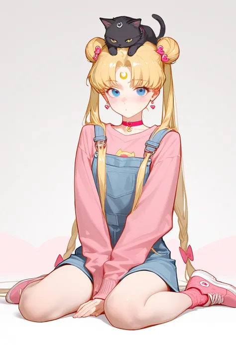 masterpiece,best quality,amazing quality,  tsukino usagi, 1girl, solo, long hair, looking at viewer, blush, blue eyes, shirt, blonde hair, long sleeves, hair ornament, white background, bow, closed mouth, jewelry, very long hair, sitting, twintails, full b...