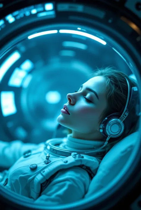  Close-up of a hibernating capsule cryogenic action internal a futuristic spaceship.   young and beautiful woman resting in a hanging animation  ,   that shines soft blue and  . internal,   a small tube and wire that supports the capsule  .   rows of ident...