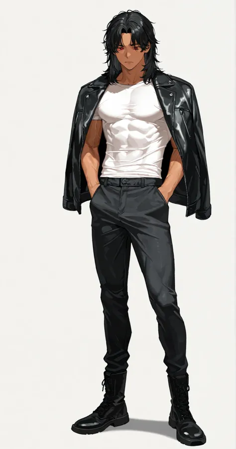 1 boy, fit, handsome, wavy black hair, middle part hair, wolfcut, medium length hair, middle part hair, defined red eyes, cold eyes, tan, sexy body, muscular body, defined muscle, white shirt, black leather jacket on shoulders, form fitting black jeans pa...