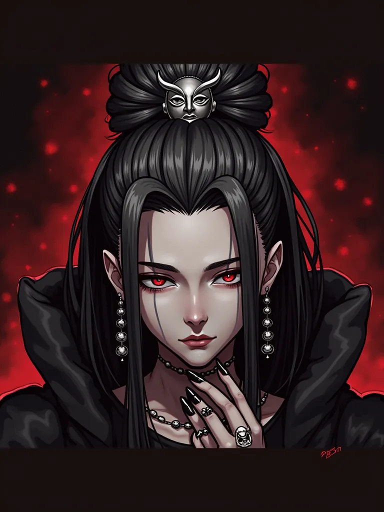 A guy , with dark gray hair shaved on the sides , partially long with buddha bun with silver rings in the hair , angel mask on the eyes shaped like wings ,  white skin , shirtless lead shoulder pad , nails printed in black , necklace with black spheres ,  ...