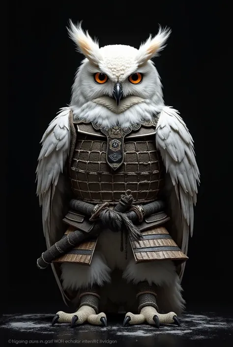 white samurai owl, white shogun owl, samurai suit, standing, black background