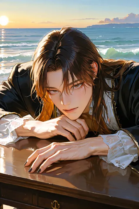 Cold Face ,middle-aged male, handsome, Lying, 1명의 man, male-centered, handsome man, Thick painted , black nail polish , Perfect Eyes , semi-realistic art , semi-realistic art style, Expressive Brushwork, vibrant brushstrokes, Impressionist paint...
