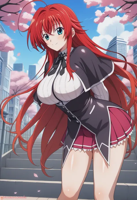 score_9, score_8_arriba, score_7_arriba, score_6_arriba, score_5_arriba, score_4_arriba,   source  _animated, aarias ,  long hair, red hair, choke, blue eyes, big breasts, school uniform,  Black Capelet, neck strap,  white shirt,  Long Sleeves Leather,  un...