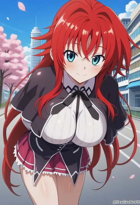 score_9, score_8_arriba, score_7_arriba, score_6_arriba, score_5_arriba, score_4_arriba,   source  _animated, aarias ,  long hair, red hair, choke, blue eyes, big breasts, school uniform,  Black Capelet, neck strap,  white shirt,  Long Sleeves Leather,  un...