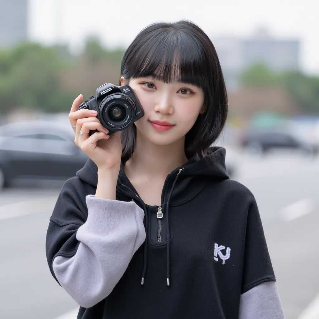 ohwx Women's Photography , Nike hoodie with bangs, slim body, pale skin, slender body, Black hair with bangs