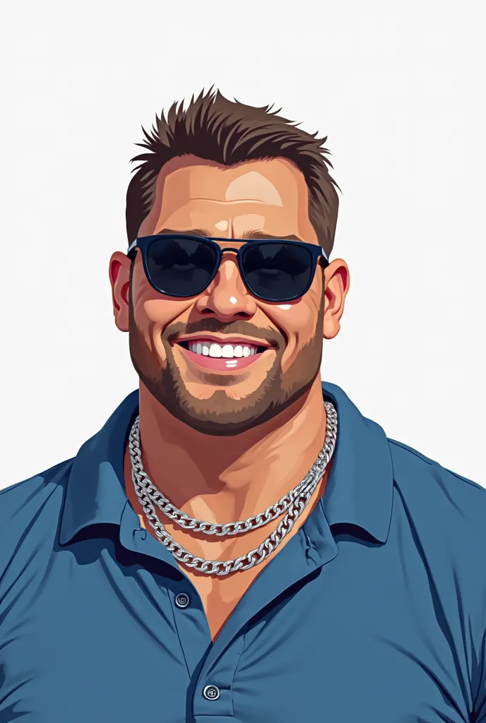 A robust man, with black sunglasses, short hair, blue polo with shirt collar, silver chains on his neck that are hidden behind his polo,  without a beard, without mustache, smiling showing the teeth. Totally white and empty background, only his face and pa...