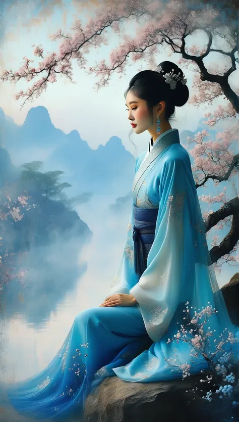 Create a serene and ethereal image featuring a young woman in traditional Chinese attire, likely a hanfu. She sits gracefully on a rock, her posture relaxed yet poised. Her long, dark hair is styled in an intricate updo, adorned with delicate flowers match...