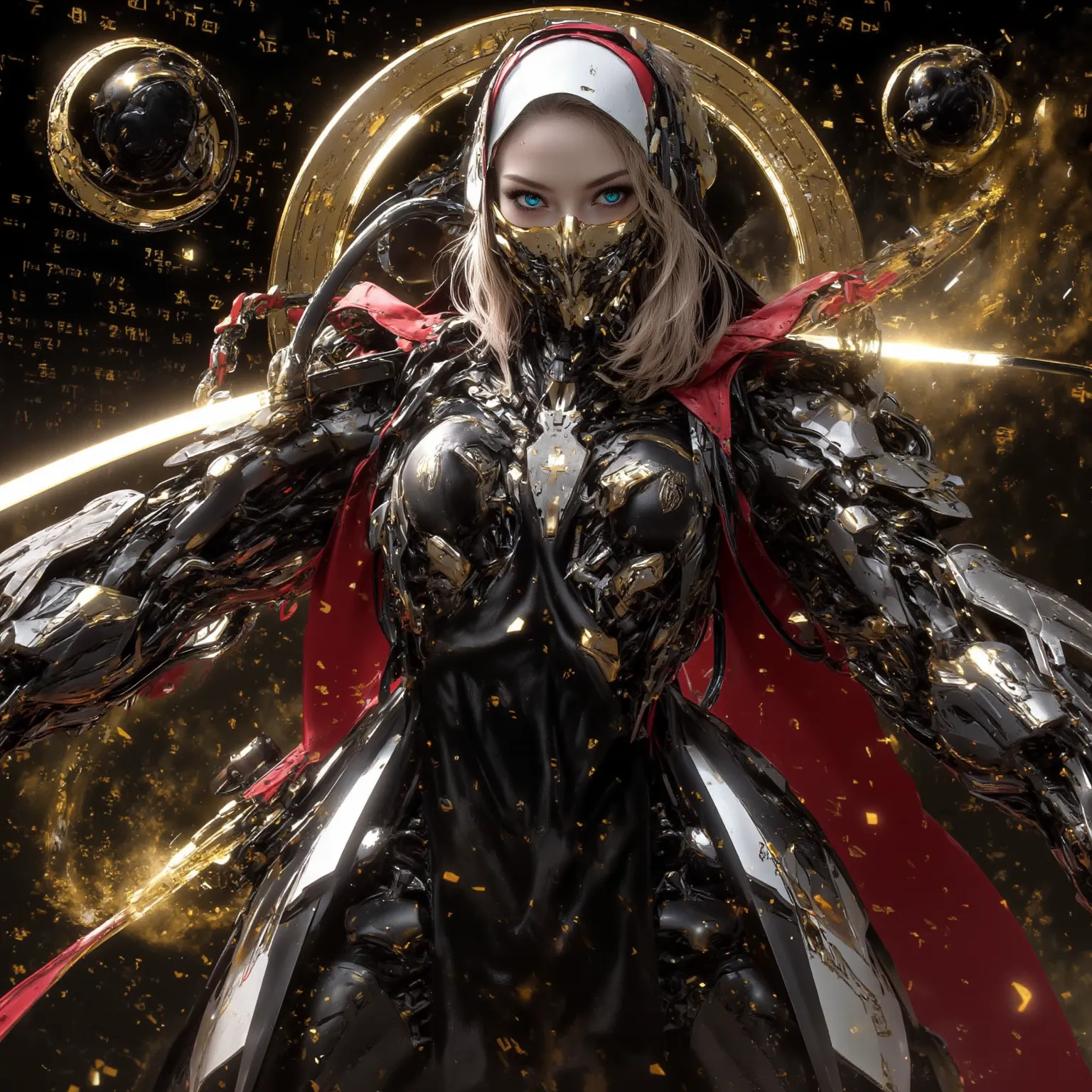 Cybernetic combat Nun with Shoulder length Blonde hair, tanned skin, glowing Blue Irises with black pupils and white Scalera, wielding a High tech Long Sword, Wearing a Red and Black Nun's Habit on her head, wearing a Black and Metallic Red High-Tech power...