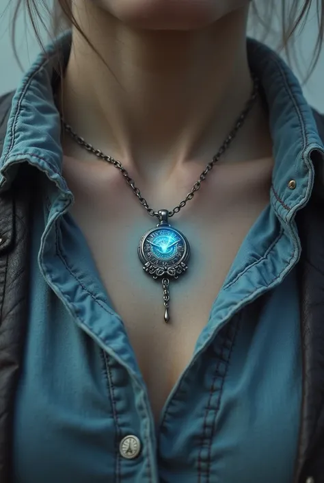 not so striking teleportation necklace with small clock symbol and light blue glow 