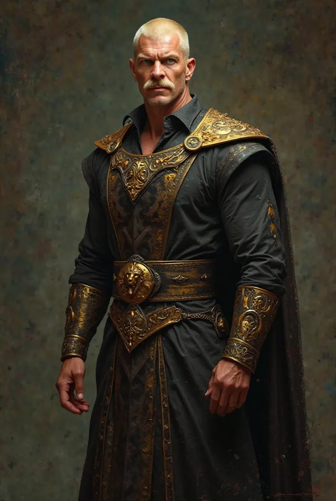 A handsome and strong blond wizard is wearing a transparent shirt, with short shaved hair and a shoulder-length blond mustache, Wear gold and black attire,.
He's wearing a wizard's hat 
Are you smiling
Do you have green eyes?
Does the clothing belt have a ...