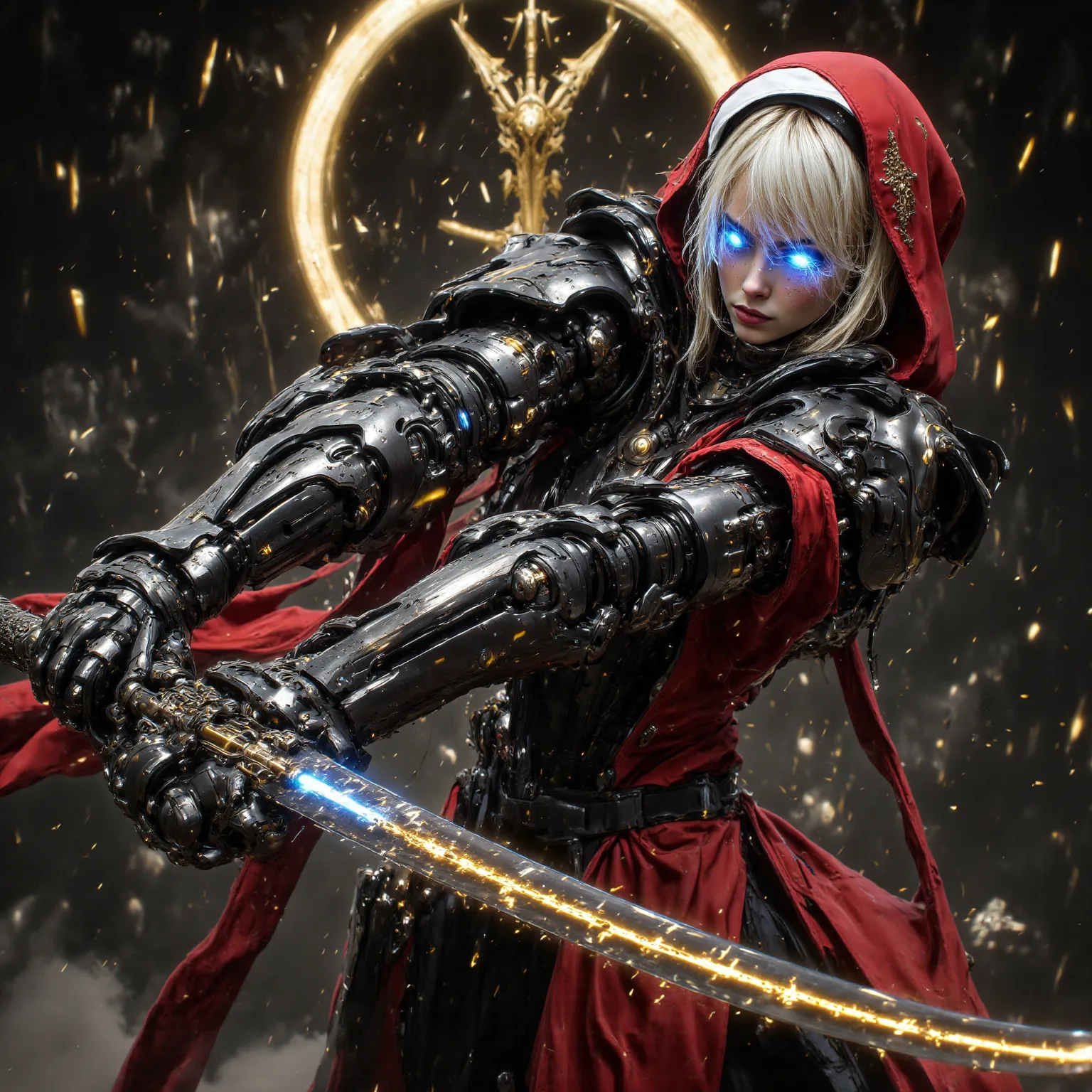 Cybernetic combat Nun with Shoulder length Blonde hair, tanned skin, glowing Blue Irises with black pupils and white Scalera, wielding a High tech Long Sword, Wearing a Red and Black Nun's Habit on her head, wearing a Black and Metallic Red High-Tech power...