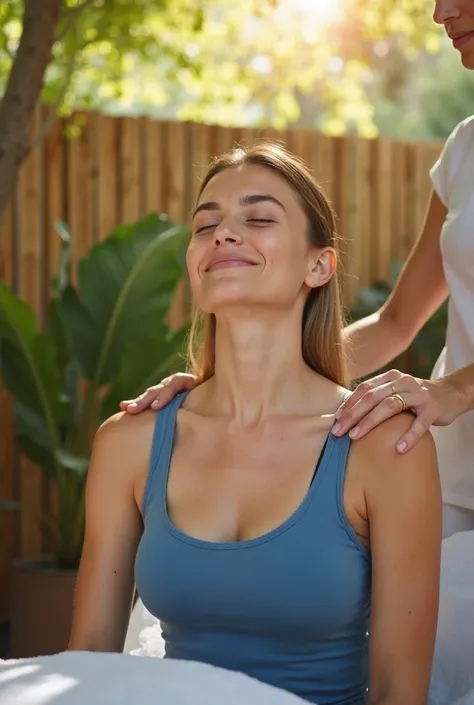 A serene outdoor setting with warm sunlight filtering through green trees. A young woman with a relaxed expression is receiving a shoulder massage while sitting in a peaceful garden. She is wearing a fitted blue tank top, and her eyes are closed, conveying...