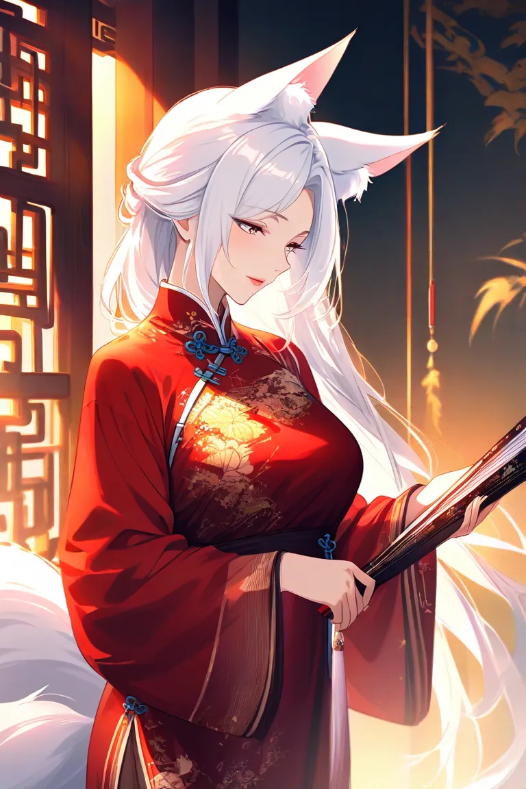 Beauty，beauty， mature，Sexy， White Long Hair， dressed in a Chinese costume ，With fox tail and fox ears，Holding a Chinese folding fan