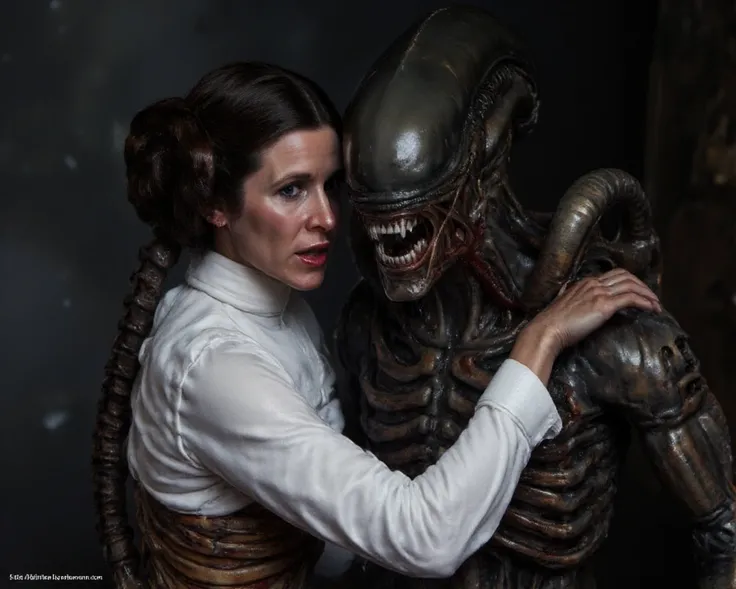 Princess Leia is being eaten by a giant Xenomorph。
 she is screaming in so much pain。
Xenomorph is slurping her 。
実写風
tearsを流しながら助けを求めている
号泣，tears