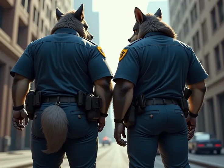 Two fat werewolf male police officers in uniform, with massive butts, tight pants,  curvy butts, and very overweight