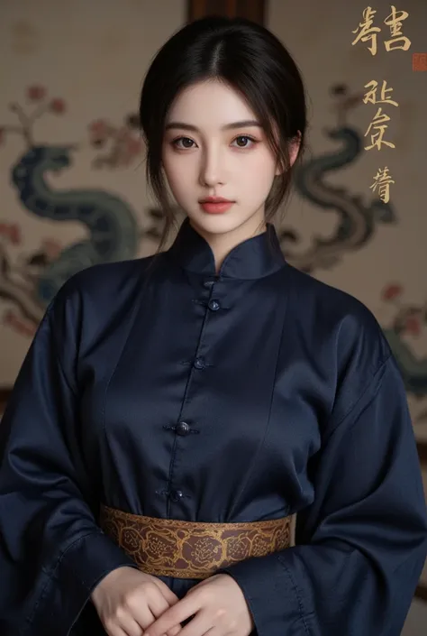 :The woman is dressed in ainae-style clothing that is richly detailed, with a focus on the upper body due to the shoulder-down framing. She wears a long-sleeved top in a dark blue hue, which appears to be a traditional or historically inspired design given...