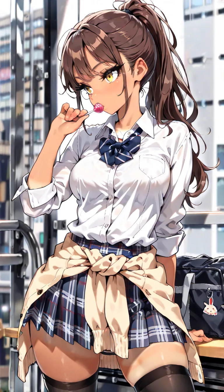 ((best quality)), ((Masterpiece)), (details), woman, (Medium breasts, brown hair, yellow eyes, ((long hair, ponytail)) , beautiful face, (Tanned skin:1.3) , Long eyelashes, Thick eyelashes), sexy,black thighhighs, pleated skirt, plaid skirts, a bow tie, Sw...