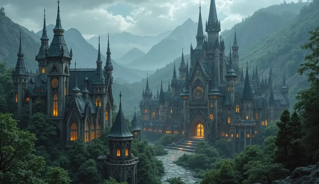 (photorealism:1.3), a darker deep woodland town surrounded by mountains, the architecture is luxurious neo-gothic mixed with a touch of Drow and dark Elven and Atlantean, the buildings are dynamically different and spread out, the ambience is shadowy and a...