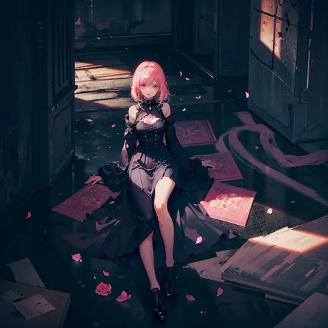 Pink Palette, Female Laid On The Floor, Upper Pov, Roses Petals, Pink Hair, Long Black Dress, Melancholic, Swords Laid On The Floor, Abandoned Building, Broken Tiles