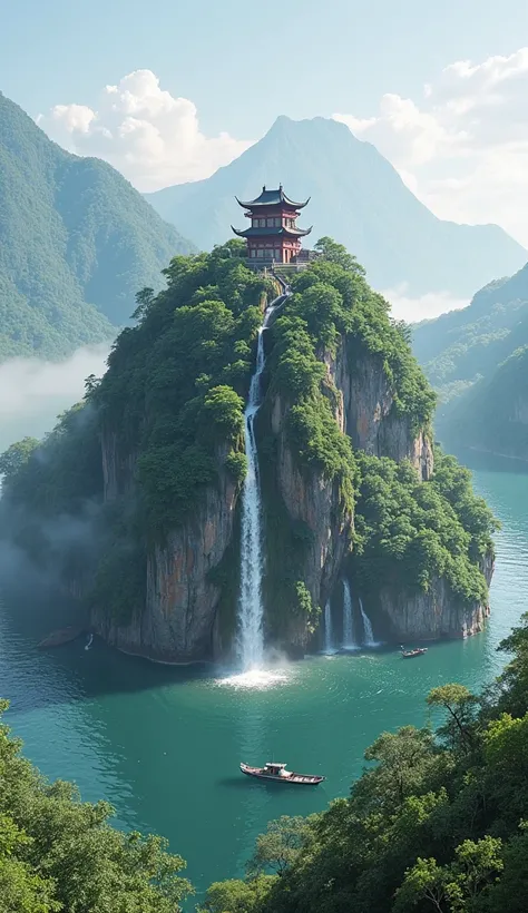 a raised hill，There is a Ming Dynasty city tower bunker on top of the earthen bag，The hill has three upper, middle and lower waterfalls，The hill is surrounded by water on all sides，a large mountain in the distance，It's in the middle of a lake