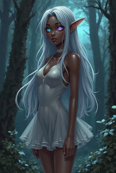 femboy long hair and a dress on, solo, 1femboy, thighhighs, dark skin, dark-skinned femboy, long hair, extra short dress, silver hair, bulge under dress, flat chested, semi-transparent dress, teasingly lift dress, long elf ears, male, multi colored eyes th...