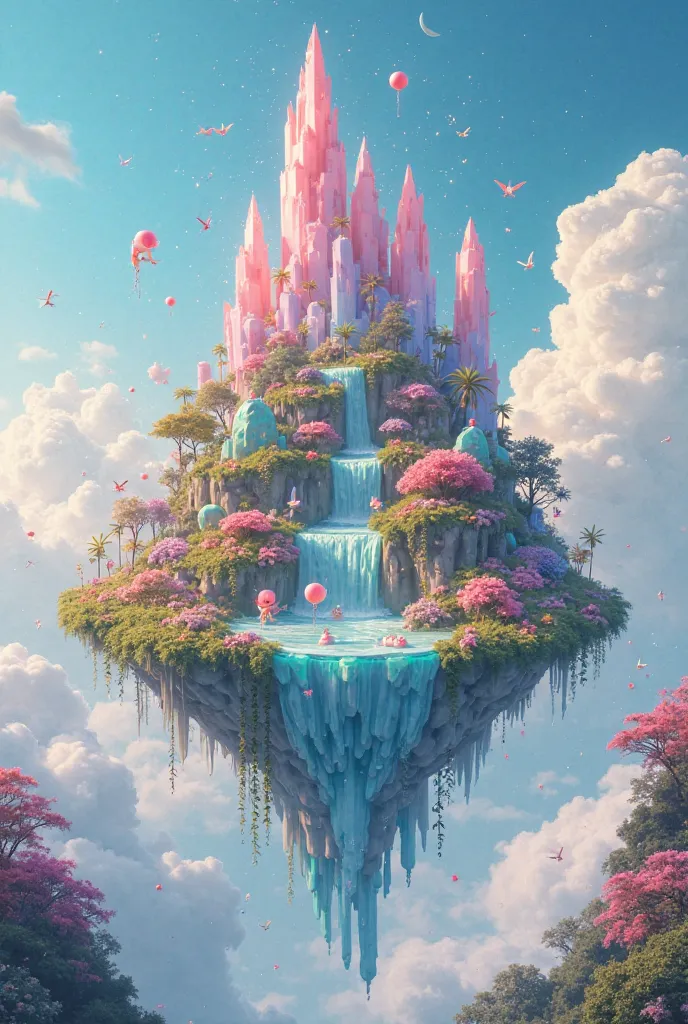 Create an image of what it would be like if the song Magic Shop by BTS were a floating island