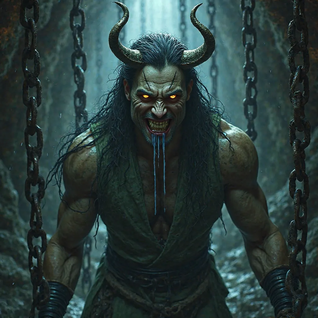 A bound trickster god, Loki, writhing in chains deep underground, venom dripping onto his face, his eyes burning with cunning and revenge.