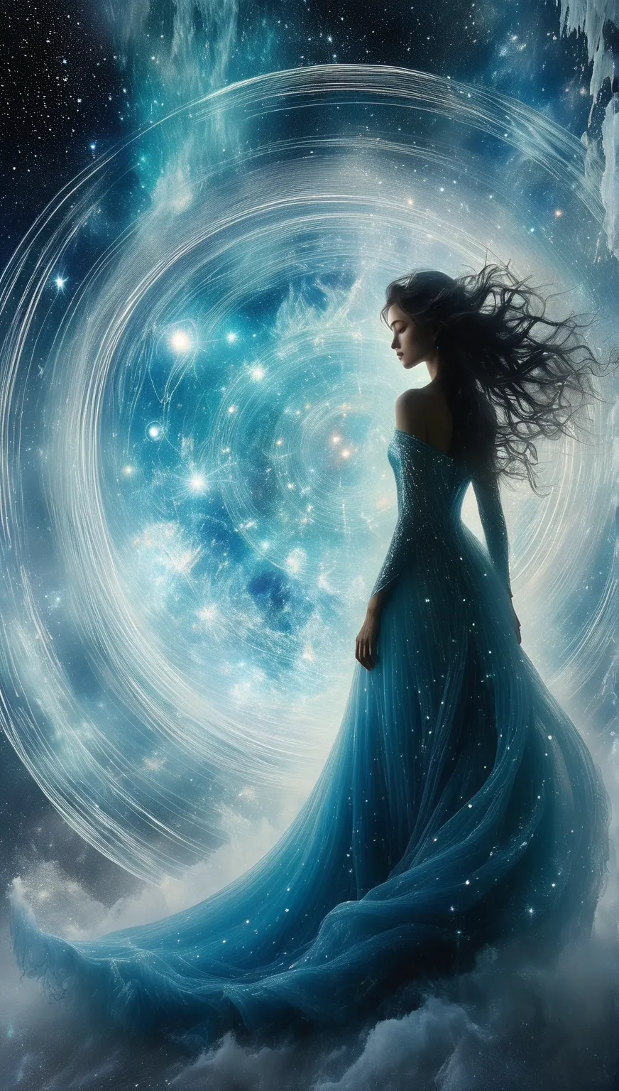 A stunning celestial embodiment of Uranus stands gracefully against the backdrop of the vast cosmos, the massive ice-blue planet looming behind her, surrounded by ethereal rings of shimmering cosmic dust. Her flowing, weightless hair cascades in hues of pa...