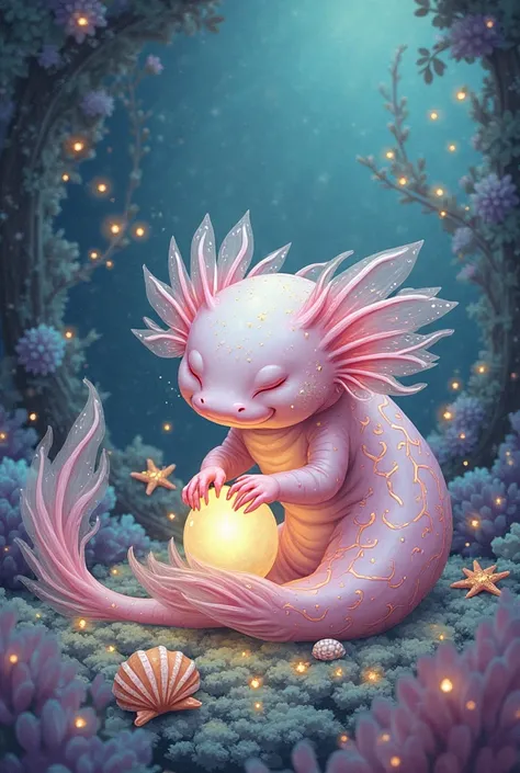 A mesmerizing axolotl with soft, pastel pink skin and delicate, feathery gills, illustrated in Fantasy Watercolor style. It rests gracefully on a bed of glowing, bioluminescent moss, surrounded by shimmering underwater crystals and floating bubbles. The ax...