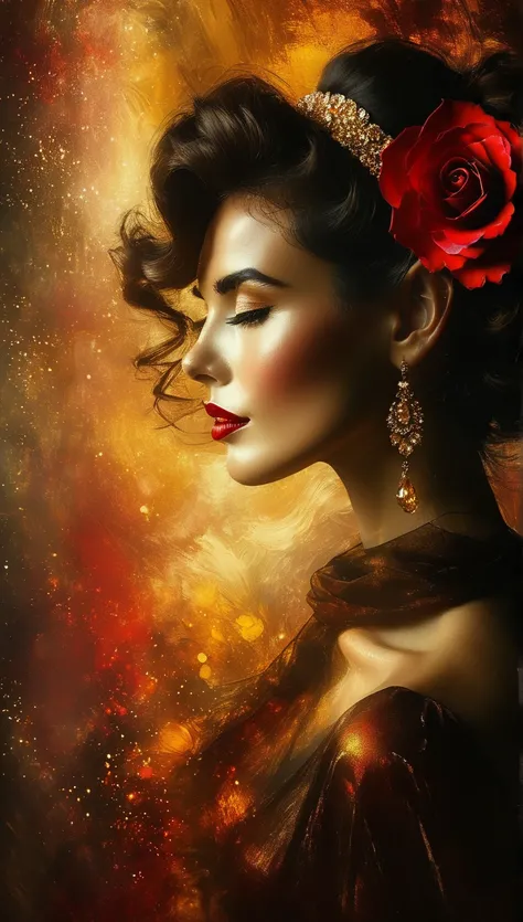 A glamorous woman with a prominent red rose as a hair accessory, her profile showcasing a blend of golden and dark hair. Her skin glimmers with a golden sheen, and her lips are painted a bold red. The background features soft, warm colors that create an et...