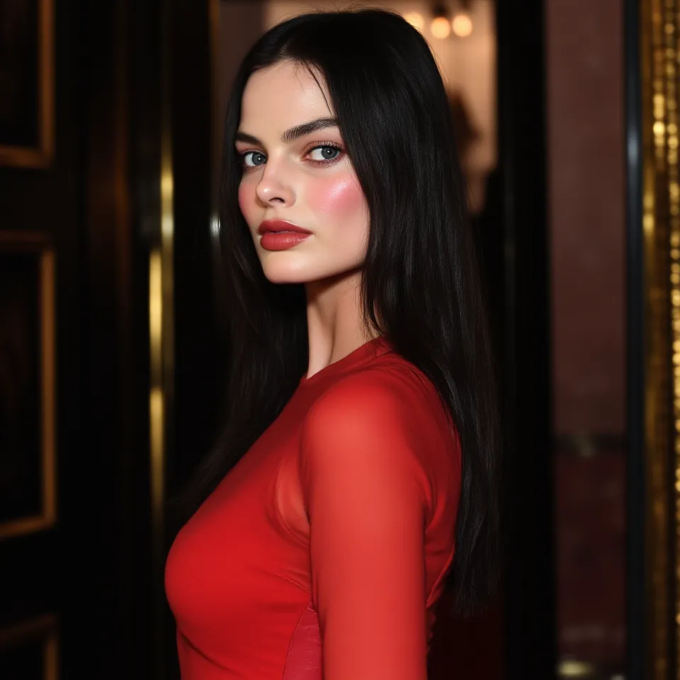 Beautiful young European woman with long straight jet black hair. Luminous light porcelain skin, sapphire blue eyes, thick reddish lips,  subtle makeup . She is wearing a red dress that highlights her figure. She is entering a luxury party 