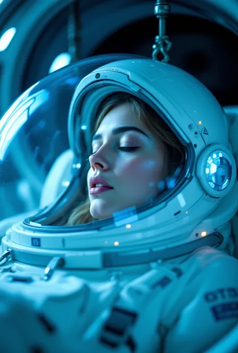  Close-up of a hibernating capsule cryogenic action internal a futuristic spaceship.   young and beautiful woman resting in a hanging animation  ,   that shines soft blue and  . internal,   a small tube and wire that supports the capsule  .   She is wearin...