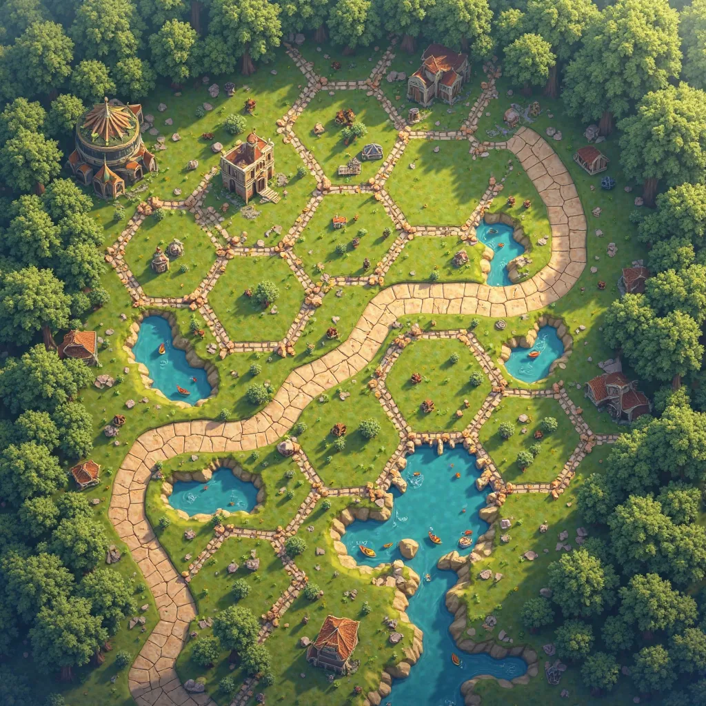 A board game board with clearly visible hexagonal cells, shown in a completely flat perspective (2d) from above, giving the feeling of a large playing field. Each cell contains green grass,  lush trees, and areas of water that connect in the form of lakes ...