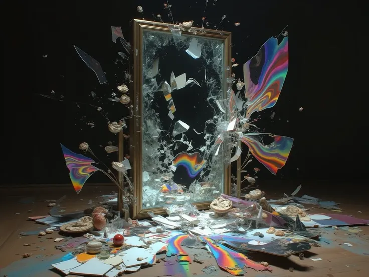 A broken mirror reflecting multiple realities, symbolizing how words can create or destroy worlds."