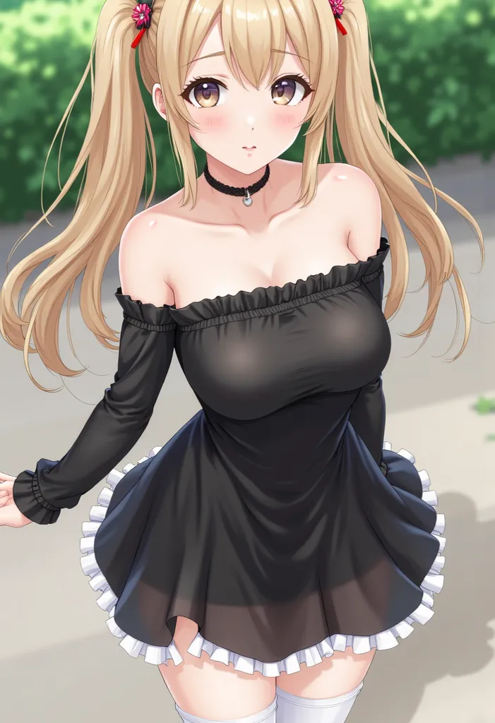 1 girl, Alone,  long hair, chest, Watch Viewers,  Japanese, large chest, blond hair,  Long Sleeve,  dress, Thigh High Socks, chest元,  shoulder out, twintails, standing, clavicle, flower, outdoor, frills, detachable sleeves, choker,, black  dress, white Thi...