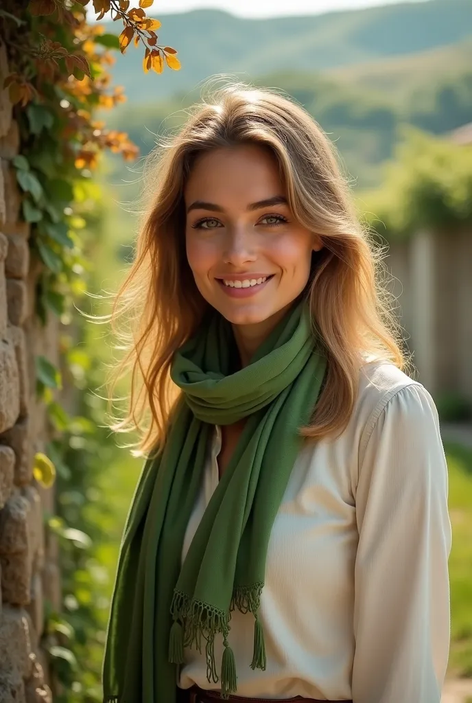 Photo of a beautiful woman with wavy brown hair white blouse green scarf green landscape background 