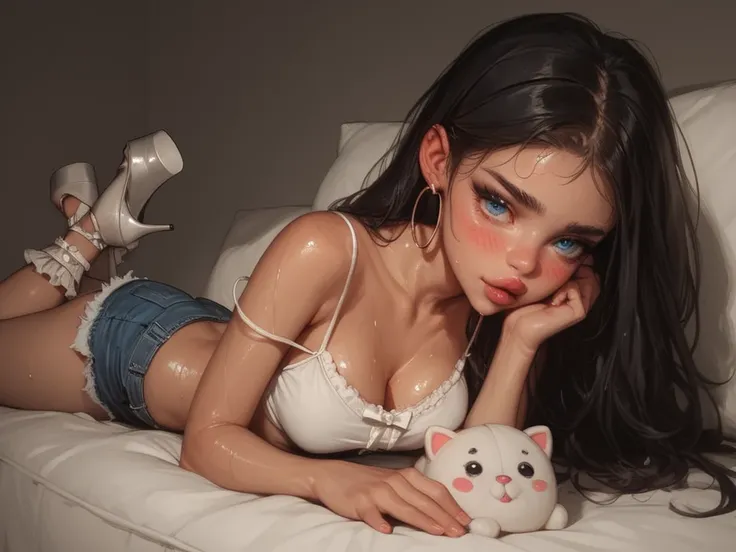 Young girl wearing daisy dukes, short shorts, blue eyes, hoop earings, skinny, slim waist, babyface, adorable face, doe eyes, laying on stomach, naughty look, short frilly socks, platform heels, spaghetti strap top,straight black hair, blushing, shiny lips...