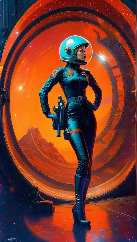 Hyper detailed Full body pin up digital painting of Sydney Sweeney as a 1950s space cadet on a Martian spaceship, attack from mars, anti-heroine, helmet, gorgeous, sullen, vivacious, journey to mars, tense, whiplash curves, Dynamic pose, hyper detailed, hy...