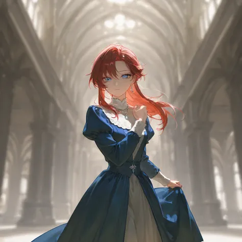 Create a female character with long red hair, blue sharp eyes, a noble blue dress, a Victorian style, a silver necklace, a beautiful tall silver necklace, a standing face, standing, looking at the viewer in full high definition.