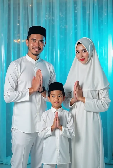 1 handsome thailand man aged 27 and 1 handsome boy aged 7 with short hair and a bright face. Wearing a black Muslim cap, wearing a plain white long-sleeved Muslim koko shirt, and wearing white Muslim trousers. And a beautiful indonesia woman aged 25 with g...