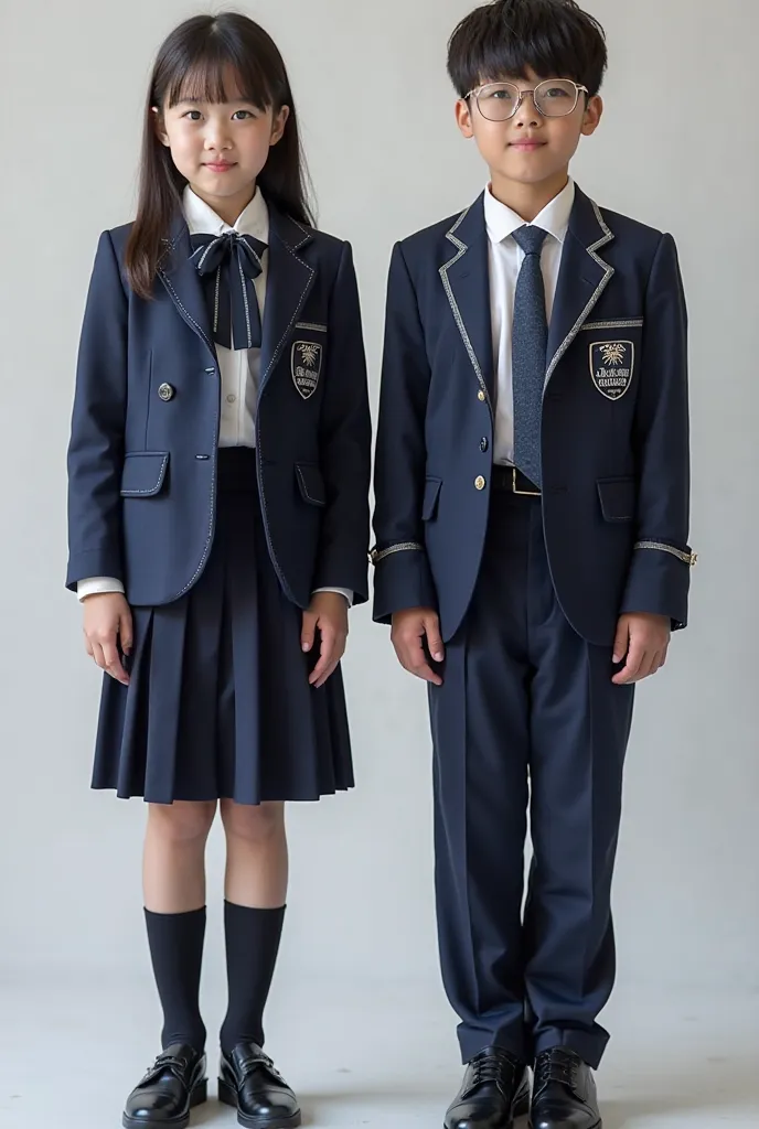 Make uniform For Girls: The uniform consists of a navy blue fitted blazer with silver accents and a holographic school emblem on the chest. Underneath, they wear a white, smart-fabric blouse designed for comfort and temperature regulation. The outfit is co...