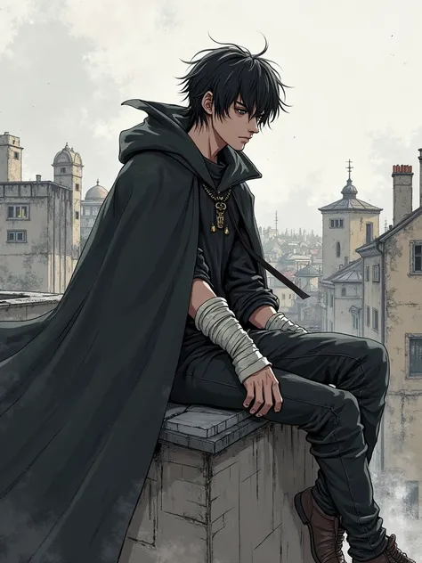 Handsome young man with black hair, in a black cloak developing in the wind. Hands are bandaged.  is on the roof of the building. Against the background of a ruined city.  are sitting on the roofs. 
 line art 
