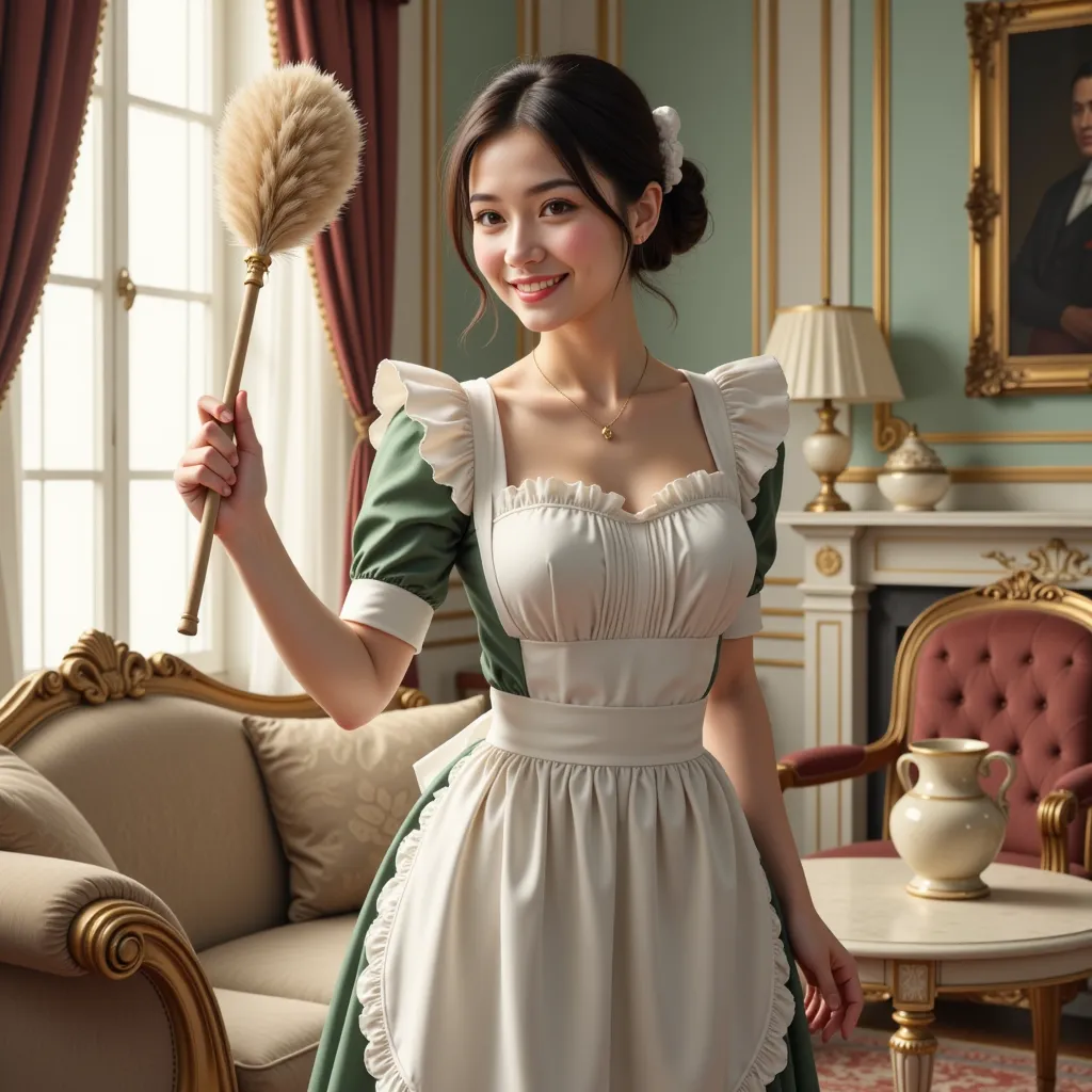 smiling housemaid with duster