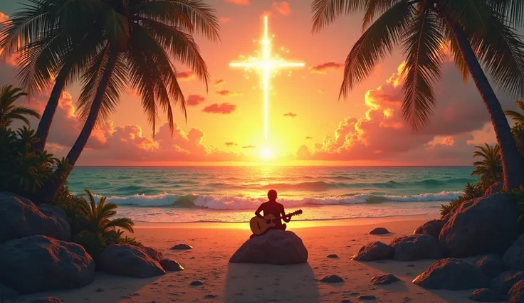 A tranquil beach at sunset where the sky transitions in a seamless gradient of red, yellow, and green, blending into the deep blue ocean. Above them, a radiant light shaped like a cross shines through the clouds, casting a warm glow over the ocean. A silho...