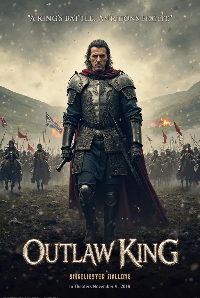 Prompt:

Design a powerful and gritty movie poster for Outlaw King (2018), starring Sylvester Stallone as Robert the Bruce. The poster should capture the intensity and grandeur of medieval warfare, with Stallone's portrayal of the iconic Scottish king at t...