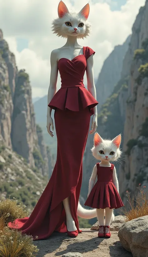 
Positive Prompt:
HDR quality image of a white anthropomorphic female cat, 5.8 feet tall, with layered cut hair. She is wearing a maroon peplum dress and matching maroon heels. Beside her is a four-year-old white anthropomorphic kitten, 2 feet tall, dresse...