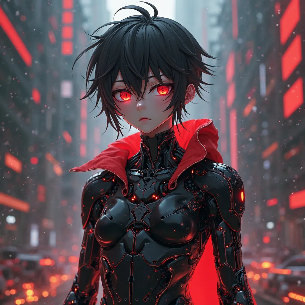 High Resolution, 4k,anime boy, black and red,devil cyborg, with glow eyes and says "Grinz" On top with blend background and futuristic font