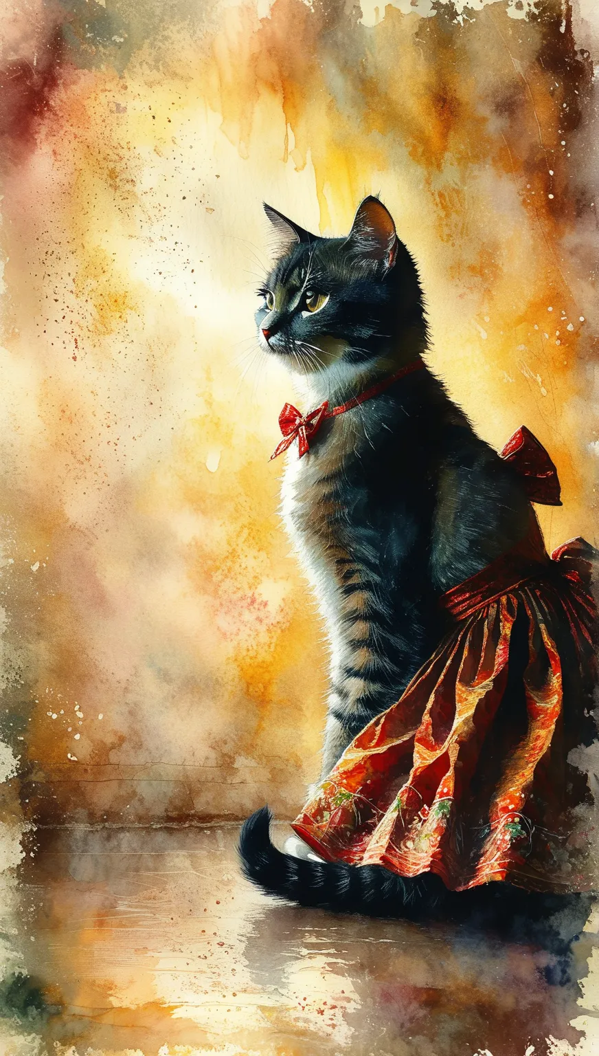 an illustration. A cute cat is wearing a dirndl. It is a beautiful cat in a romantic background scene. Painted in watercolor. Draft drawing. Different art styles. Clear and sharp details.